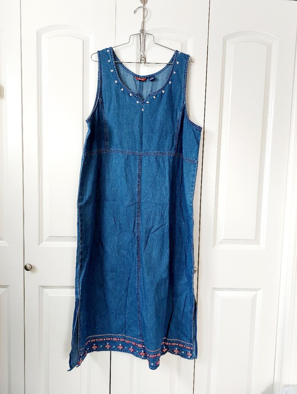 Americana Cottagecore Denim Dress 2X Granny Teacher American Flag Patriotic